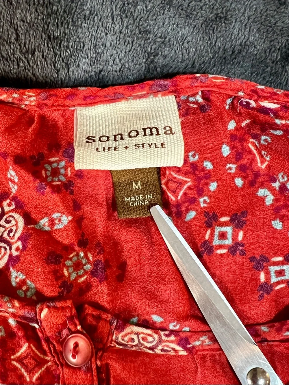 Sonoma Wms Red Turquoise Cotton Paisley Lace Inset Boho Casual Peasant Top M - Picture 6 of 11
